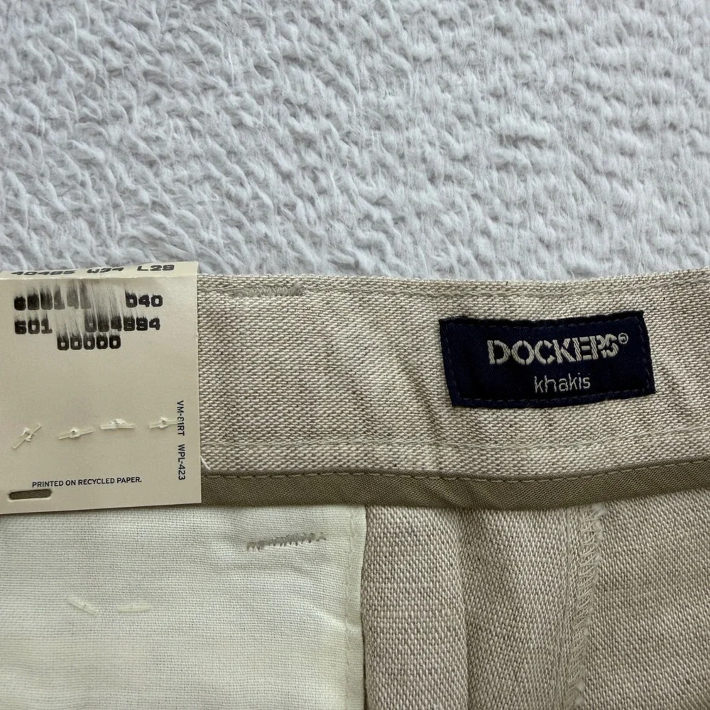 VTG Dockers Mens Beige Linen Blend Pleated Relaxed Khakis Pants Cuffed 34x29 NWT